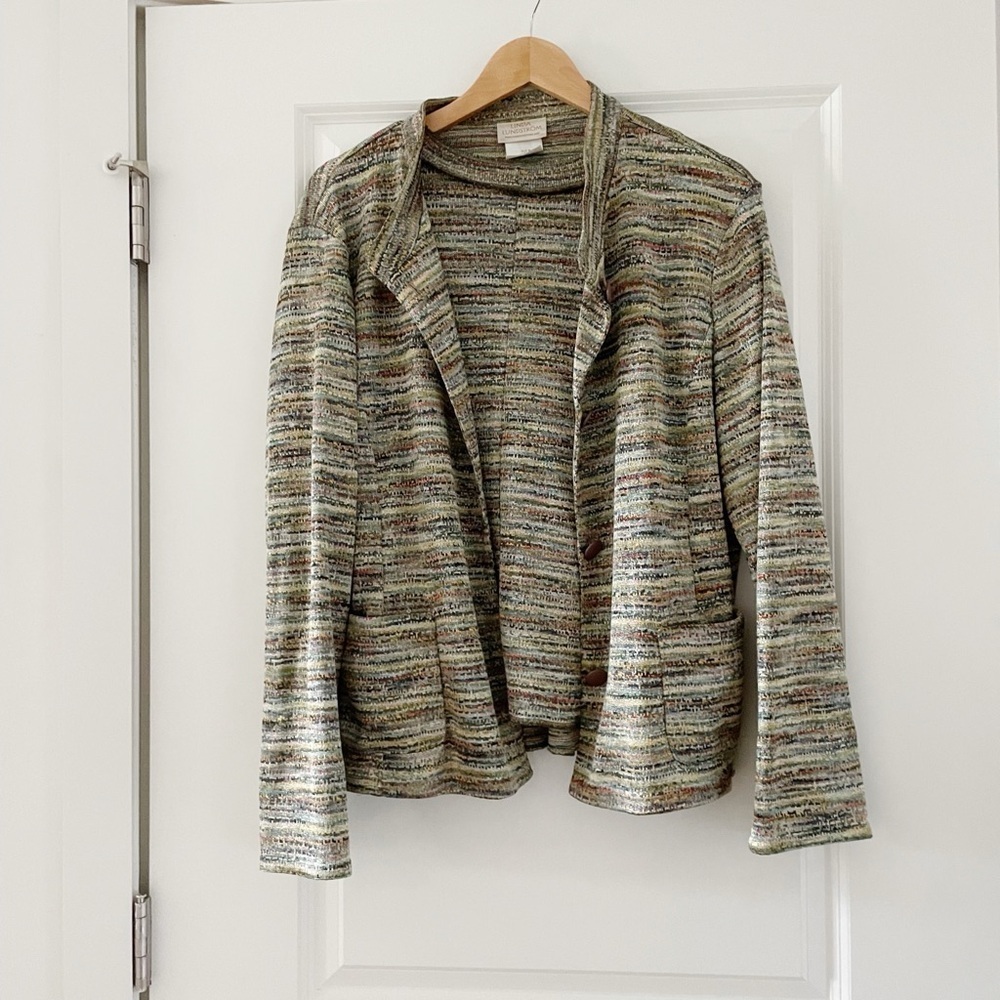 Linda Lundstrom Muticolored Rainbow Knit Jacket Sweater Set Lagenlook